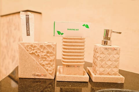 Shower, free toiletries, towels, soap