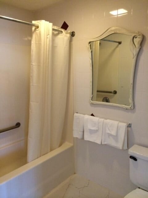 Combined shower/tub, hair dryer, towels