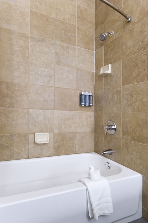 Combined shower/tub, free toiletries, hair dryer, towels