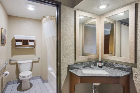 Standard Room, 2 Queen Beds, Accessible, Poolside | Bathroom | Shower, free toiletries, hair dryer, towels