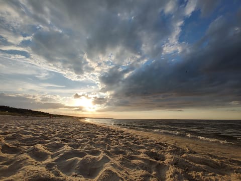 On the beach, sun loungers