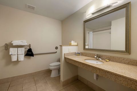 Standard Room, 2 Queen Beds, Accessible, Refrigerator & Microwave | Bathroom | Combined shower/tub, free toiletries, hair dryer, towels