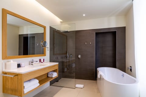 Suite | Bathroom | Hair dryer, bathrobes, towels, shampoo