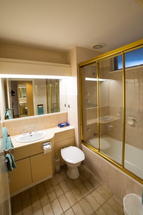 Combined shower/tub, hair dryer, towels