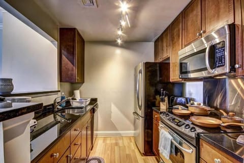 Deluxe Apartment, City View | Private kitchen | Full-size fridge, microwave, oven, stovetop