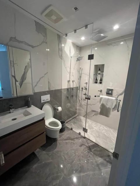 Combined shower/tub, free toiletries, hair dryer, towels