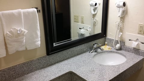 Combined shower/tub, free toiletries, hair dryer, towels