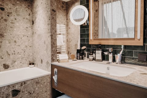 Hair dryer, slippers, towels, soap