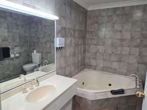 Separate tub and shower, jetted tub, free toiletries, hair dryer