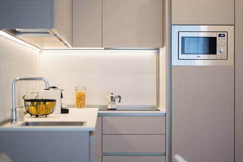 Superior Apartment, Balcony, Lake View | Private kitchen | Fridge, microwave, oven, stovetop