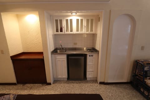 Mini-fridge, dishwasher, cookware/dishes/utensils