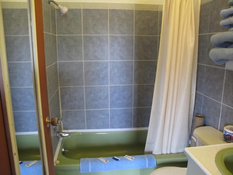 Combined shower/tub, deep soaking tub, free toiletries, hair dryer