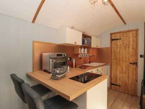 Fridge, electric kettle, cookware/dishes/utensils