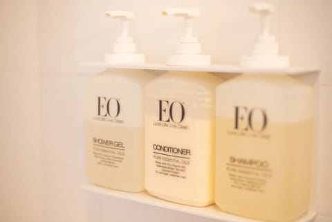 Hair dryer, towels, soap, shampoo