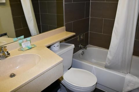 Combined shower/tub, free toiletries, hair dryer, towels