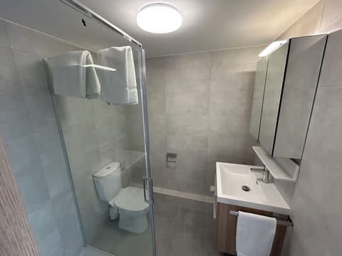 Shower, hair dryer, towels, toilet paper