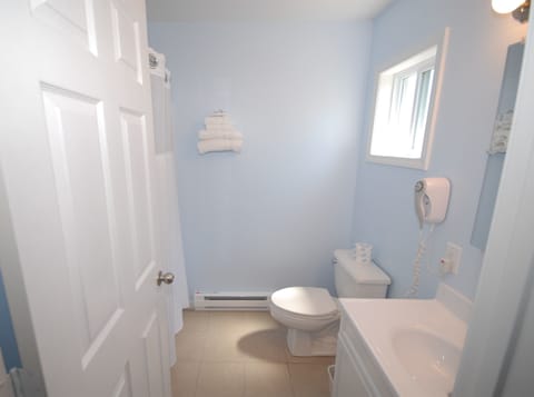 Combined shower/tub, free toiletries, hair dryer