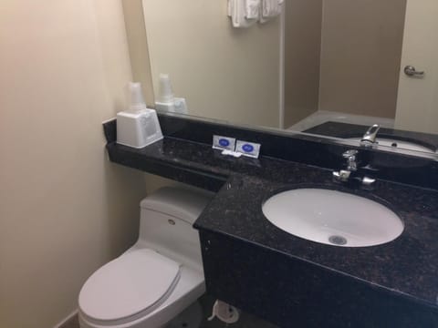 Combined shower/tub, free toiletries, towels