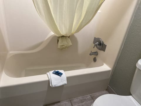 Bathtub, free toiletries, hair dryer, towels