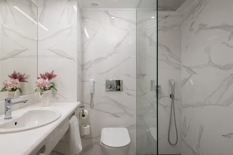 Combined shower/tub, free toiletries, hair dryer, slippers