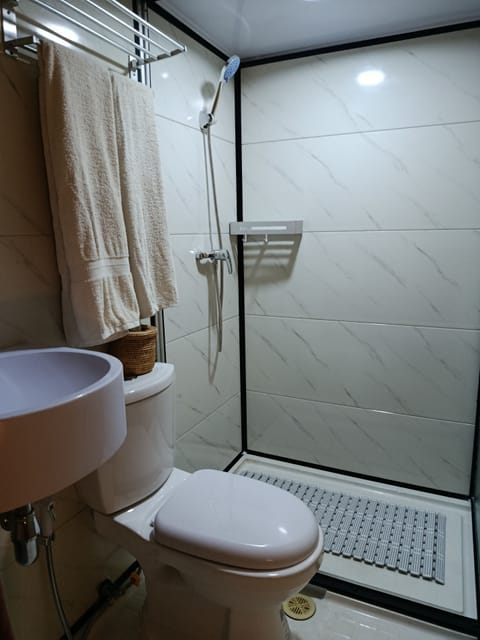 Shower, towels, soap, shampoo