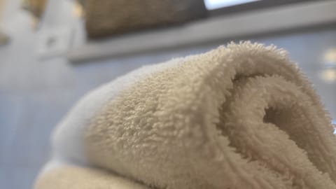 Hair dryer, towels, soap, shampoo