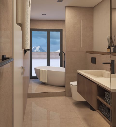 Luxury Suite, Mountain View | Bathroom | Separate tub and shower, hair dryer, towels, soap