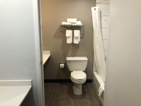 Combined shower/tub, free toiletries, hair dryer, towels