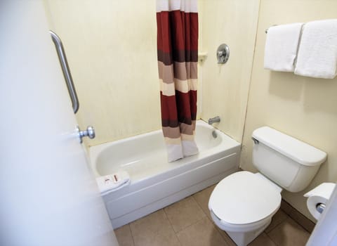 Combined shower/tub, free toiletries, towels