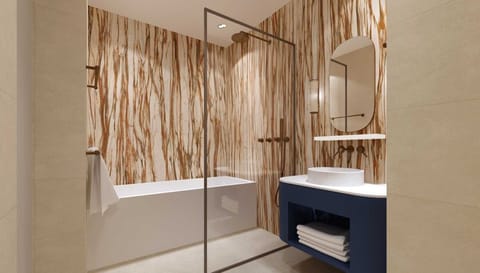 Separate tub and shower, rainfall showerhead, eco-friendly toiletries