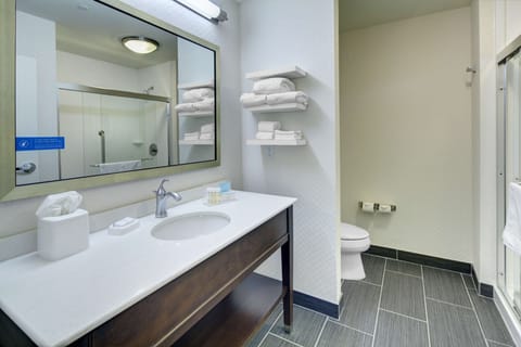 Combined shower/tub, free toiletries, towels