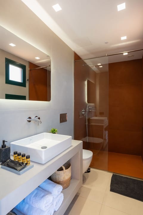Deluxe Quadruple Room, Pool View | Bathroom | Shower, hair dryer, bathrobes, slippers