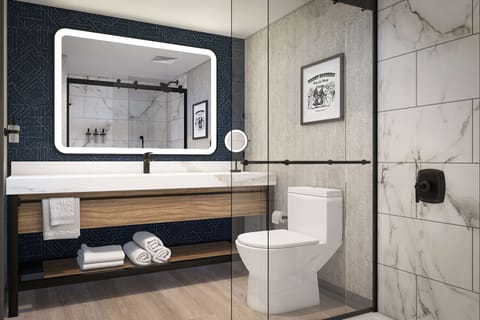 Combined shower/tub, free toiletries, hair dryer, towels