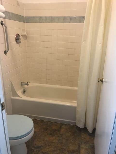 Combined shower/tub, free toiletries, towels