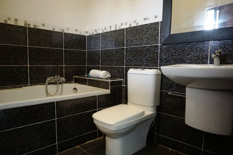 Combined shower/tub, free toiletries, towels