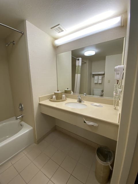 Combined shower/tub, free toiletries, hair dryer, towels