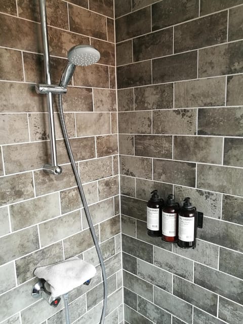 Shower, designer toiletries, hair dryer, towels