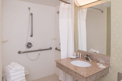 Suite, Multiple Beds (Mobility Accessible, Roll-In Shower) | Bathroom | Free toiletries, hair dryer, towels, soap