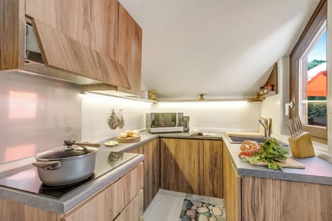 Family Apartment, 1 Bedroom (Appartamento Alpine Inspiration) | Private kitchen | Fridge, microwave, stovetop, dishwasher