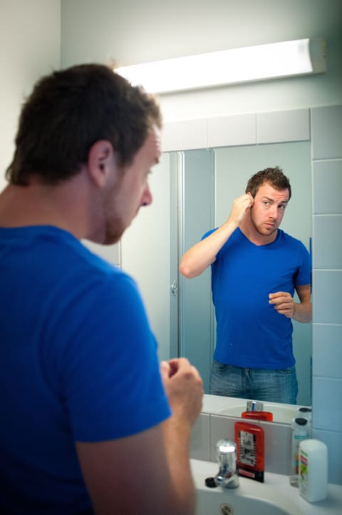 Shower, rainfall showerhead, towels