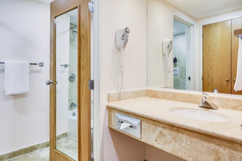 Combined shower/tub, deep soaking tub, hair dryer, towels