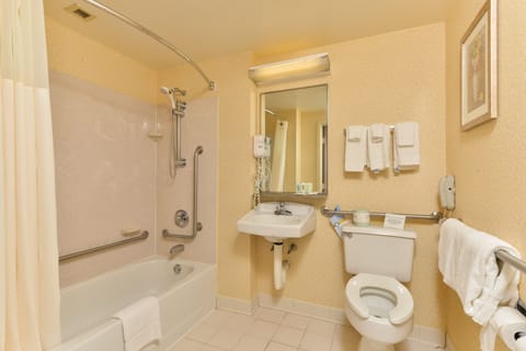 Combined shower/tub, free toiletries, hair dryer, towels