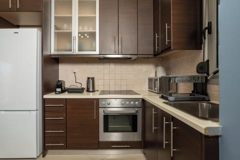 Apartment, City View | Private kitchen | Full-size fridge, microwave, oven, stovetop