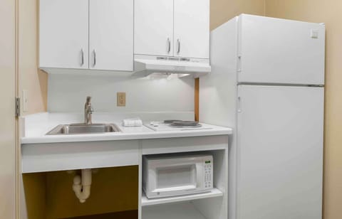 Full-size fridge, microwave, stovetop