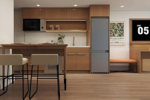 Full-size fridge, microwave, stovetop, dishwasher