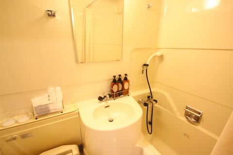 Combined shower/tub, deep soaking tub, free toiletries, hair dryer