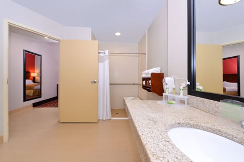 Standard Room, 1 King Bed, Accessible (Roll-In Shower) | Bathroom | Hair dryer, towels