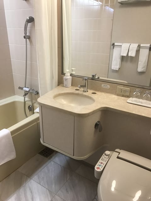 Combined shower/tub, free toiletries, hair dryer, slippers