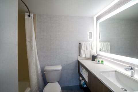 Combined shower/tub, free toiletries, hair dryer, towels