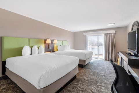 Deluxe Room, 2 Queen Beds, Balcony, River View | Premium bedding, desk, laptop workspace, blackout drapes